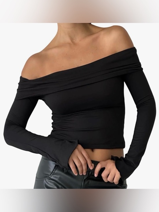 Tops - Black Off-Shoulder Bell-Sleeve Top Y2K